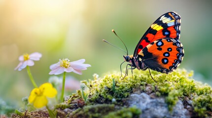 Obraz premium Vibrant butterfly perched on moss with delicate flowers in a soft, natural setting.