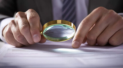 Businessman hold magnifying glass, outsource accounting service external audit bookkeeper flat vector illustration, isolated on white.