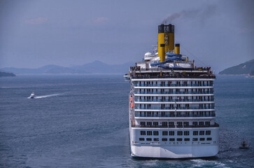 Modern cruiseship cruise ship liner Mediterranea sail away departure from Dubrovnik, Croatia with...
