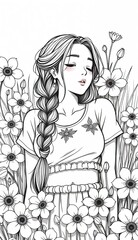 beautifully detailed black-and-white anime-style illustration of a cheerful young woman with long, flowing hair styled in a loose braid.