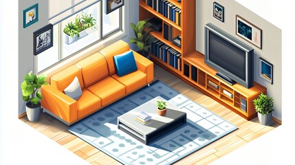 Naklejka premium Stylish modern living room with vibrant orange sofa and decorative elements.