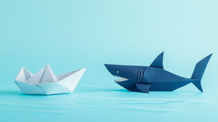 Businesswoman float paper boat, business risk shark swim threat financial investor, banking finance system flat vector illustration.