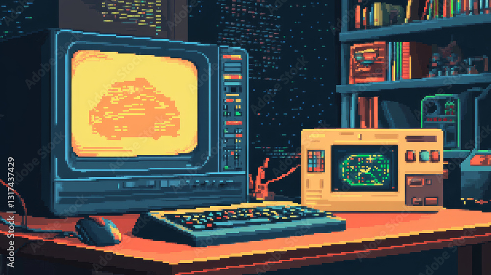 Poster pixel retro font computer game design vector illustration