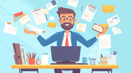 Fototapeta premium Business assistant in virtual work, computer concept vector illustration. Multitasking person office worker, cartoon character. Busy man with many hands help people, do tasks for company workers.