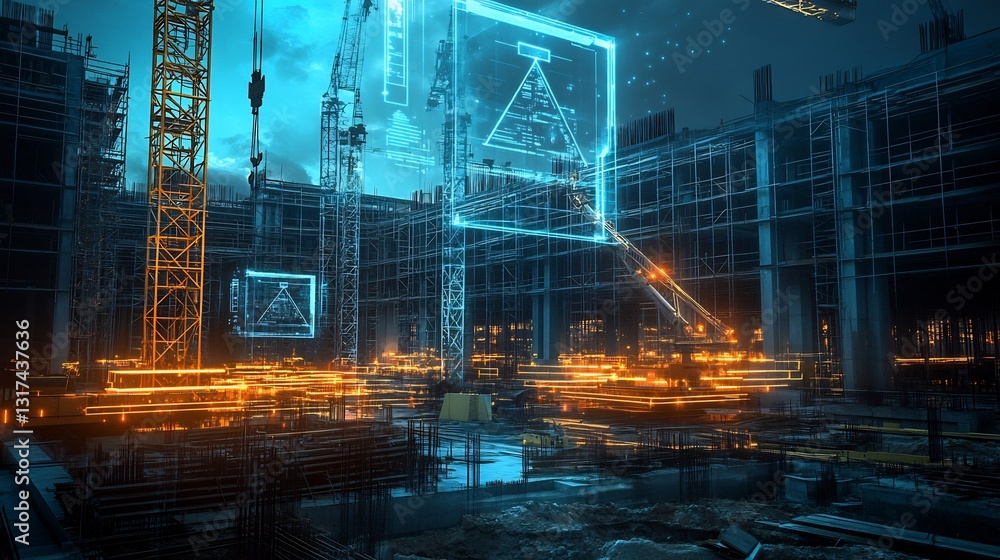 Aufkleber construction site visualized glowing cranes beams holographic overlays of progress indicators
