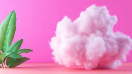 Fototapeta premium Pink Cloud Against Vibrant Pink Background with Green Leaves