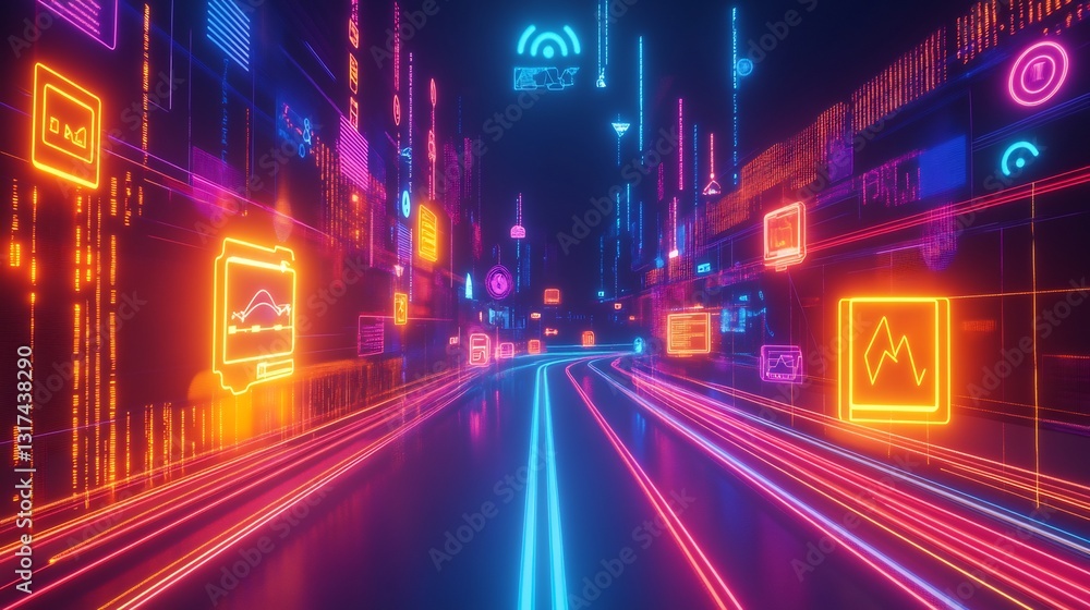 Poster consumer insight represented glowing icon surrounded data stream vibrant setting