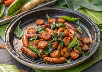 traditional northern thai tasty spicy sausages fried herb