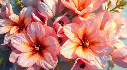 Blossom Bouquet: A stunning close-up of an exquisite bouquet featuring an array of vibrant blossoms in soft pastel hues, each petal delicately illuminated with a warm, radiant glow.