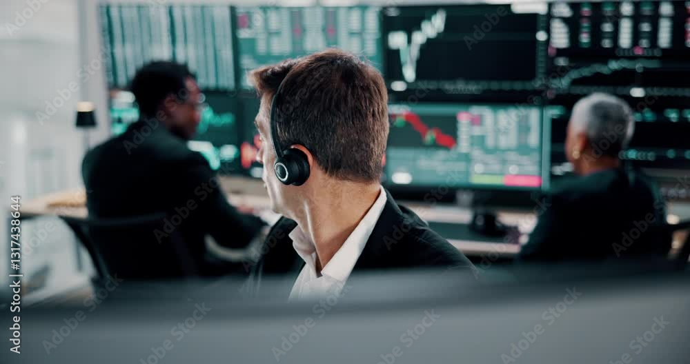 Poster computer, stock market trading and success with man in office for goals, growth or target as winner.