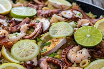 Close up of thai spicy squid salad with lemon, garlic and herb