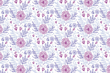 seamless stylish floral print with minimalist hand drawn flower sketches and trendy outline leaves for wallpaper and fashion
