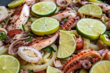 Close up of thai spicy squid salad with lemon, garlic and herb