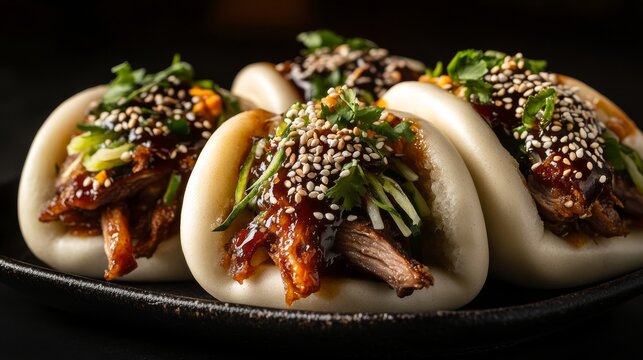 Soft and fluffy bao buns stuffed with crispy duck, glaze, cucumber and sesame seeds. Bao buns on a black ceramic plate.