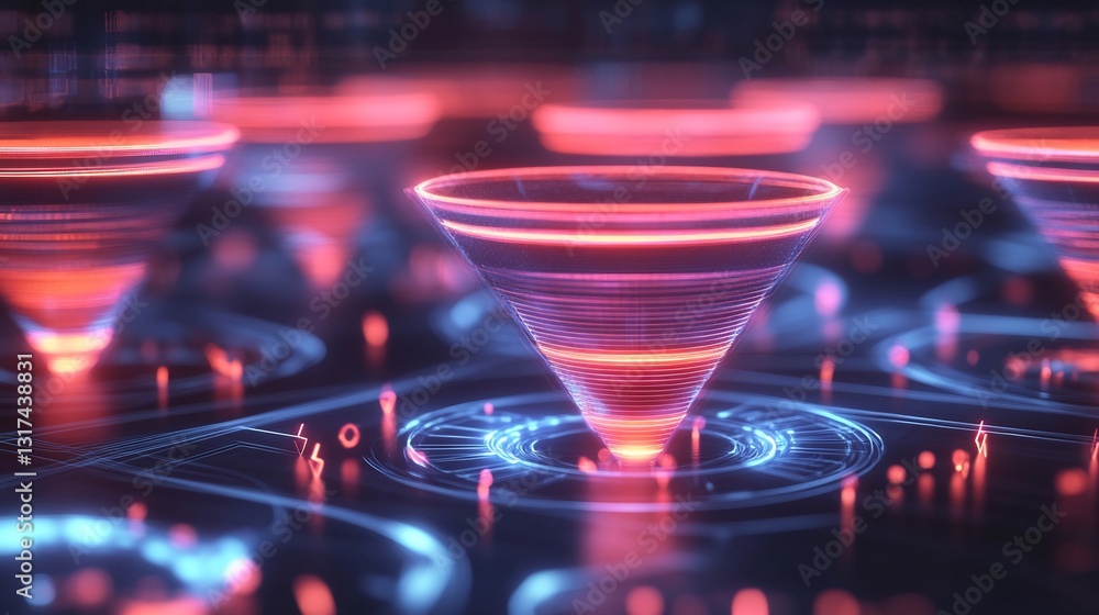 Aufkleber customer acquisition funnels visualized glowing tiered structures a sleek digital setting