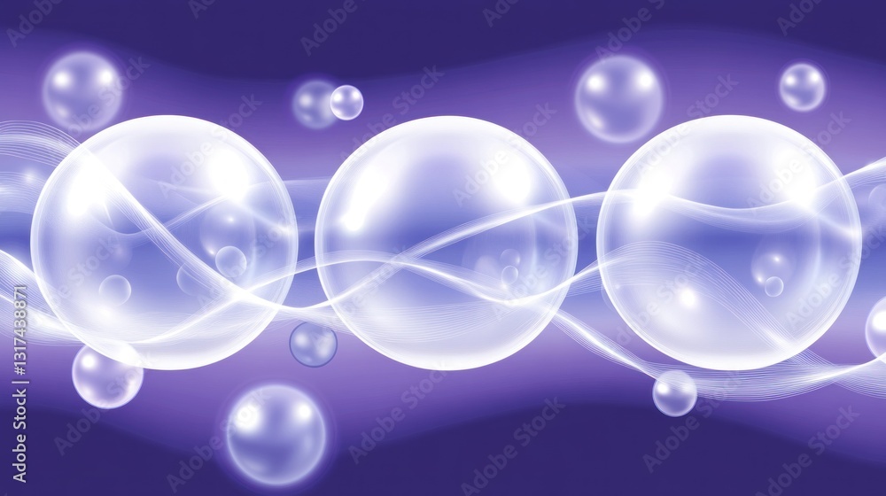 Poster abstract purple background with floating translucent bubbles and wavy lines.
