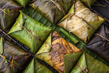 thai street food dessert sweet sticky rice grilled with banana and taro