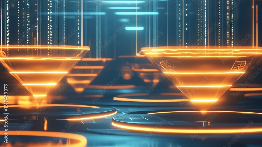 Poster customer acquisition funnels visualized glowing tiered structures a sleek digital setting
