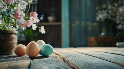 Easter eggs on a bright wooden surface with flowers and a blurred background