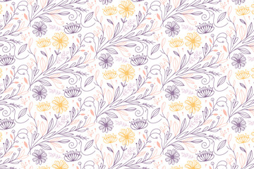 continuous line art floral design with elegant nature inspired leaves and flowers for modern bedsheet cover and pillow fabric
