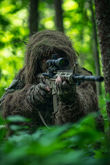 Obraz premium A person in a ghillie suit holding a rifle stands in a forest, blending seamlessly with the dense foliage for camouflage.