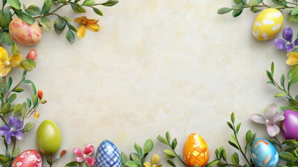 Happy Easter Decoration with Floral Border and Colorful Eggs on a Light Background