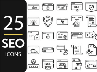Modern Editable Thin Line Style Icons Set Search Engine Optimization Of Technology Icons: Web Development, Strategy, Optimization And More. Pictograms And Infographic Vector Illustration