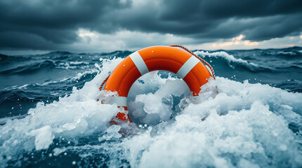 Life preserver in stormy sea symbolizes financial aid as emergency help