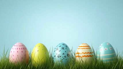 Colorful decorated Easter eggs on fresh green grass on blue background