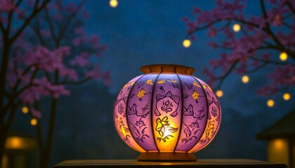 Purple Lantern Glows Amidst Cherry Blossoms