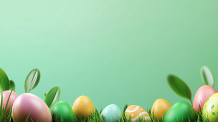 Colorful Easter eggs on green background with leaves