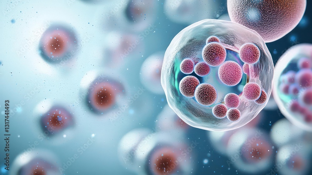Aufkleber microscopic view of cells with internal structures against soft blue background