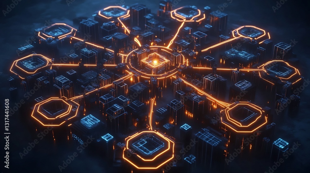 Aufkleber decentralization strategies displayed glowing pathways radiating outward a central hub