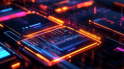 Fototapeta premium Digital transformation illustrated radiant glowing data stream integrating across sleek futuristic devices