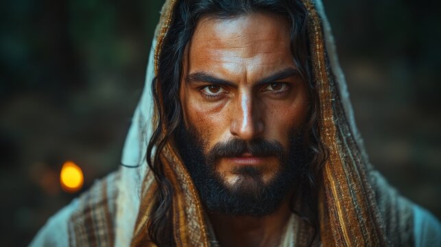 Portrait of an ancient Kabbalist warrior in a prayer shawl. Serious man with long hair and beard in mystical clothing.