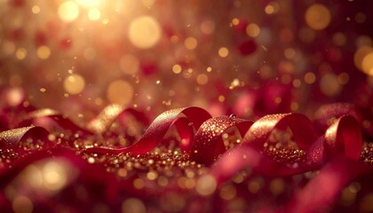 Vibrant Red Ribbon with Golden Glitter in Bokeh Lights