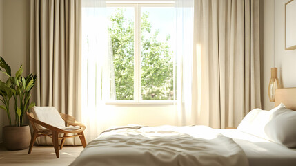 Fototapeta premium Bedroom with Bed Facing a Window Framed by Curtains