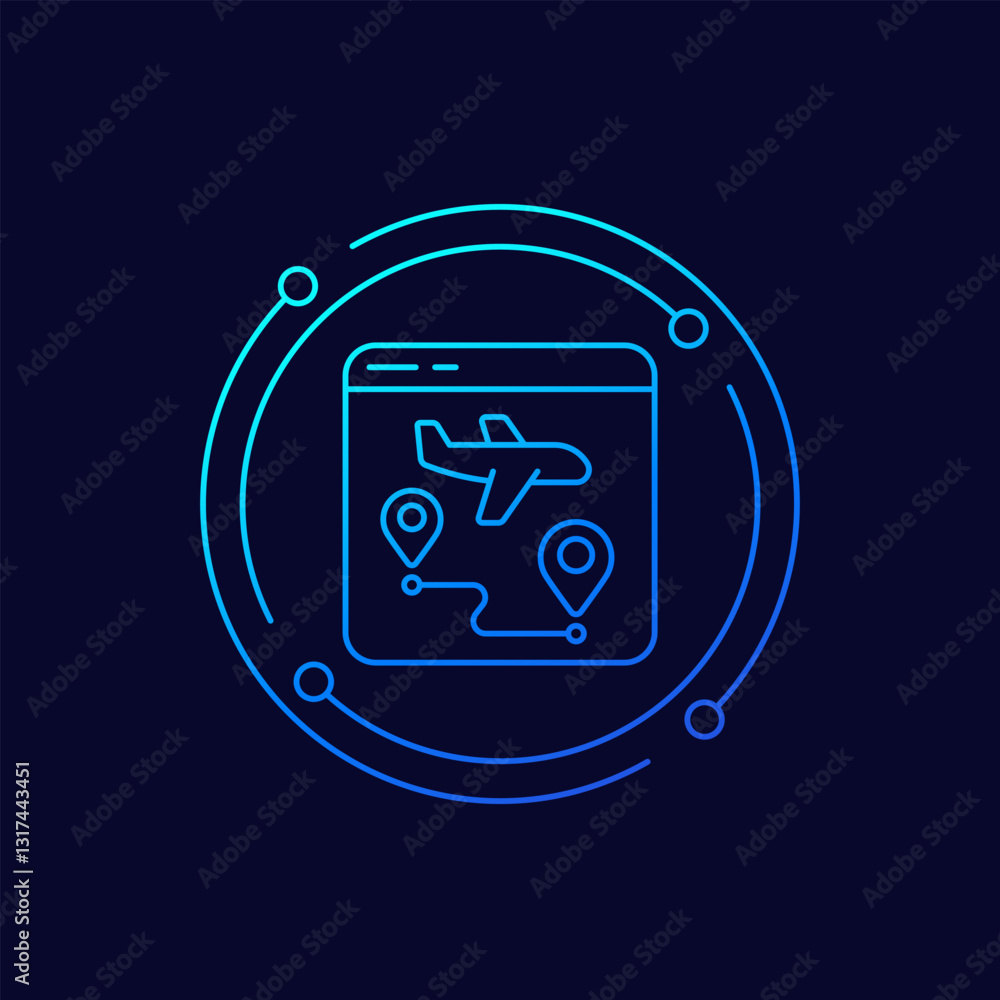 Poster flight tracker icon with a plane, flight tracking data linear design