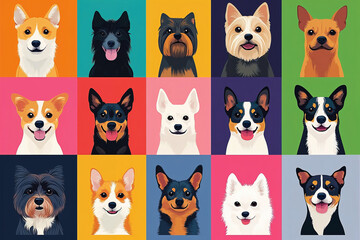 Fototapeta premium A collage painting of a series of portraits of dogs in various colors, sizes and breeds. The scene is cheerful and playful as the dogs smile and look happy.