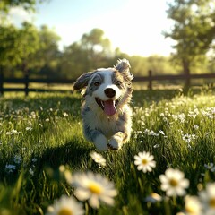 A happy dog running through a sunlit meadow.