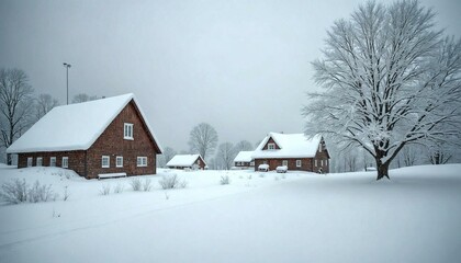 Serene Snow-Covered Houses and Tree