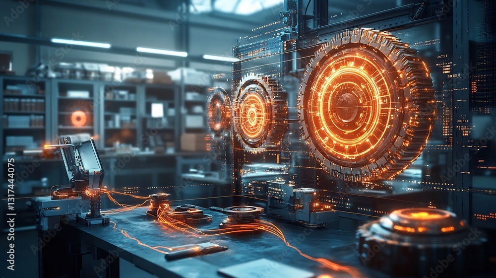 Fototapete engineering concepts portrayed glowing cogwheels data streams in a hightech workshop