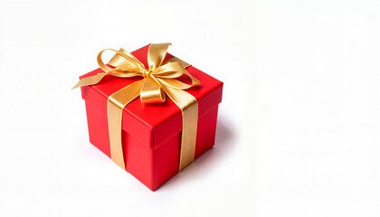 Elegant red gift box with golden ribbon on white background, celebration