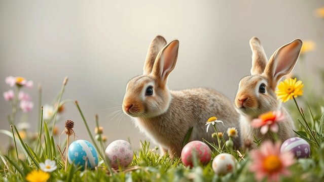  Zwei Osterhasen mit Ostereiern auf einer gr&uuml;nen Wiese, die die Freude und den Zauber von Ostern vermitteln.