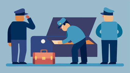 Obraz premium Tension in the Air Two officers watching a suspect nearby while searching the trunk capturing a tense and focused atmosphere.