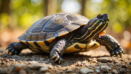 Fototapeta premium Detailed turtle shell textures on rock in warm light, nature's beauty