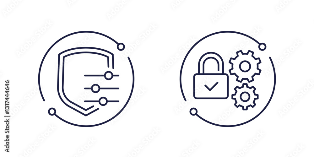 Poster security settings line icons with shield and lock