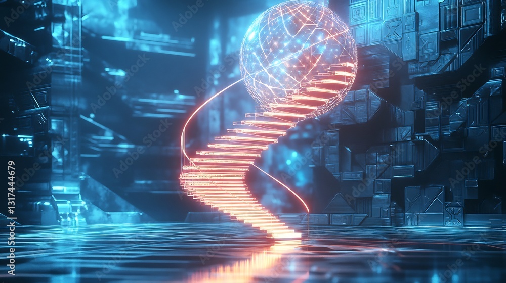 Poster escalation process represented radiant spiral staircase ascending into glowing orb futuristic enviro