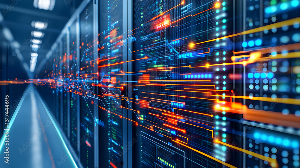 Poster futuristic server room with glowing blue and orange data streams in a dark modern data center with c