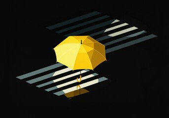 Yellow umbrella reflecting on a dark surface with striped shadows